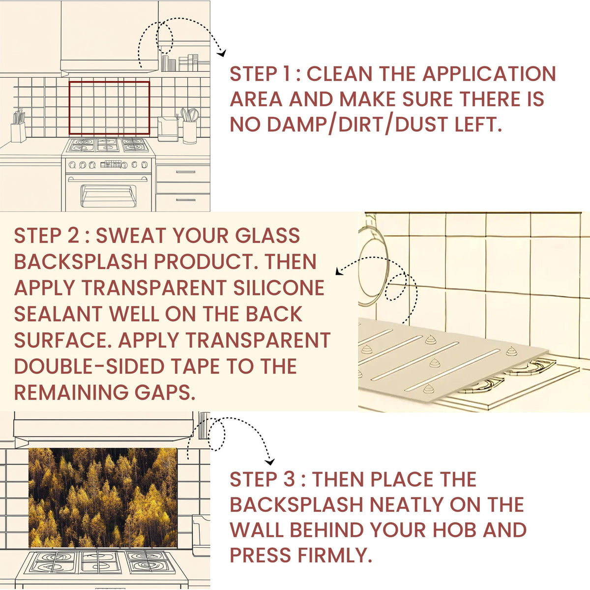 Floral Copper-Effect Tempered Glass Kitchen Backsplash: Rustic Heron Design