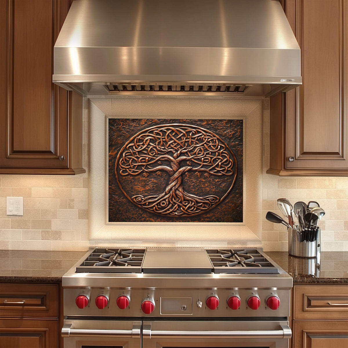 a stove top oven sitting under a metal hood