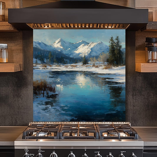 Winter Mountain Landscape Glass Backsplash: Tempered Glass Stove Panel