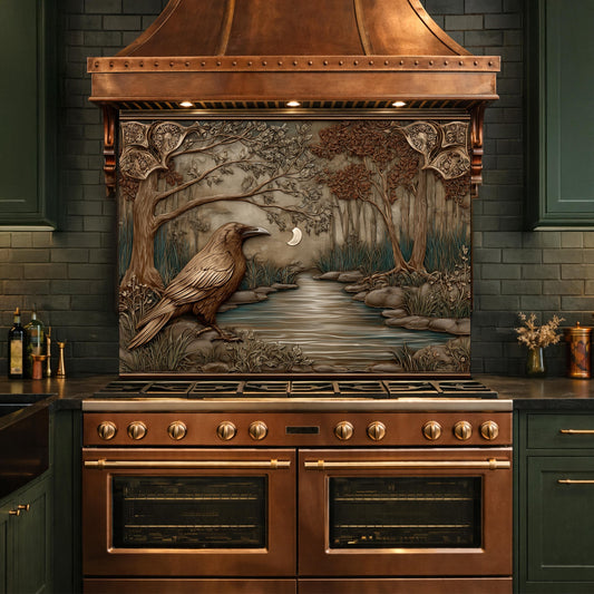 Tempered Glass Backsplash, Mythical Raven Forest Scene, Copper Relief Look Wall Panel