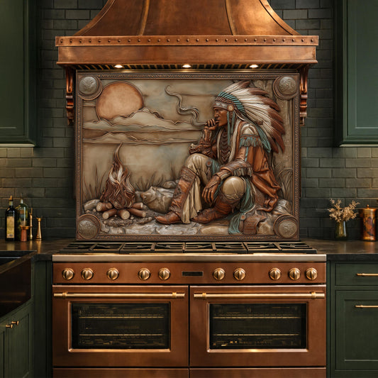 Native American Leader Campfire Relief Tempered Glass Backsplash, Western Heritage Wall Panel, Stove Guard