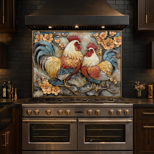 Colorful Rooster Glass Backsplash, Farmhouse Kitchen Decor UV Printed Panel
