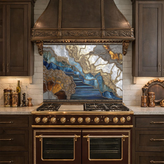 Abstract Marble River Glass Backsplash Blue Gold Kitchen Wall Decor Panel