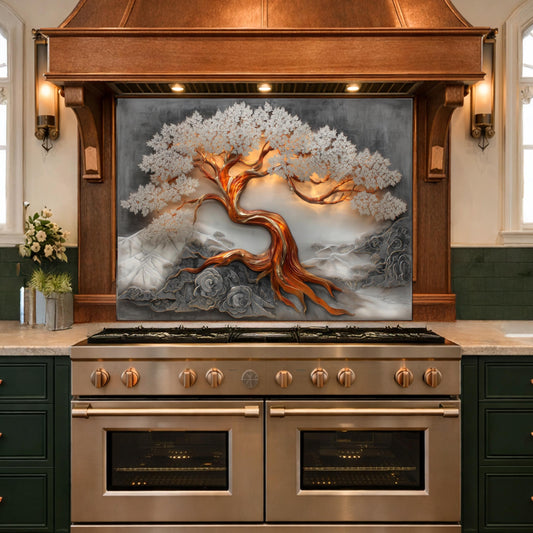 Copper Tree Glass Kitchen Backsplash Panel, Luxury Nature Stove Guard Wall Art Decor