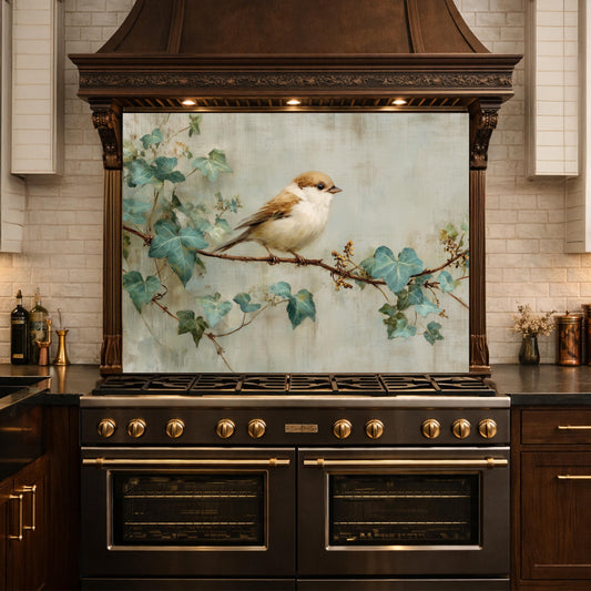Sparrow Kitchen Backsplash, Vintage Oil Painting Glass Panel, Stove Splashback, Nature Inspired Decor