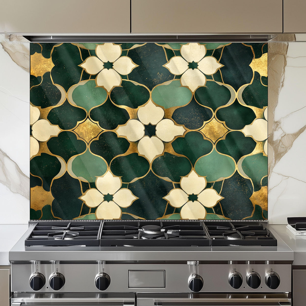 Moroccan Style Glass Backsplash, Ornate Geometric Stove Guard, Heat Resistant Easy Clean Art