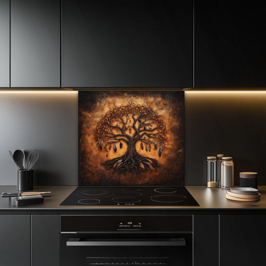 Tempered glass kitchen backsplash, dark boho tree of life design, feather accents, heat-resistant splashback, easy to clean, stove wall protector, modern kitchen decor, artistic backsplash, unique design