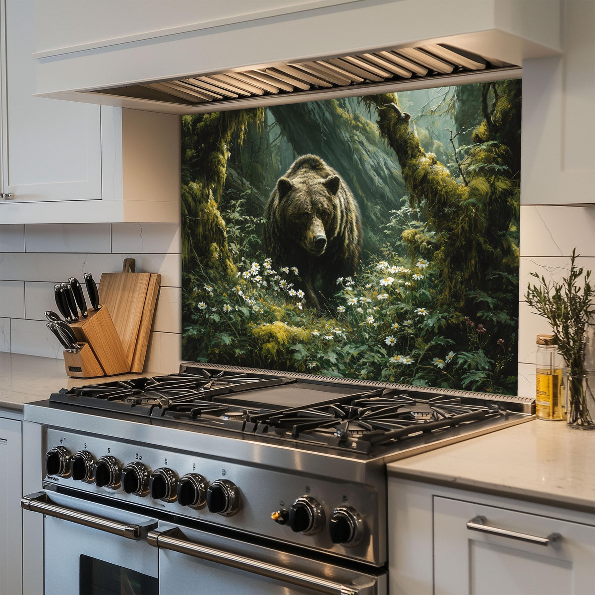 Copper Bear Backsplash: Hand-Embossed Tempered Glass, Rustic Cabin Kitchen