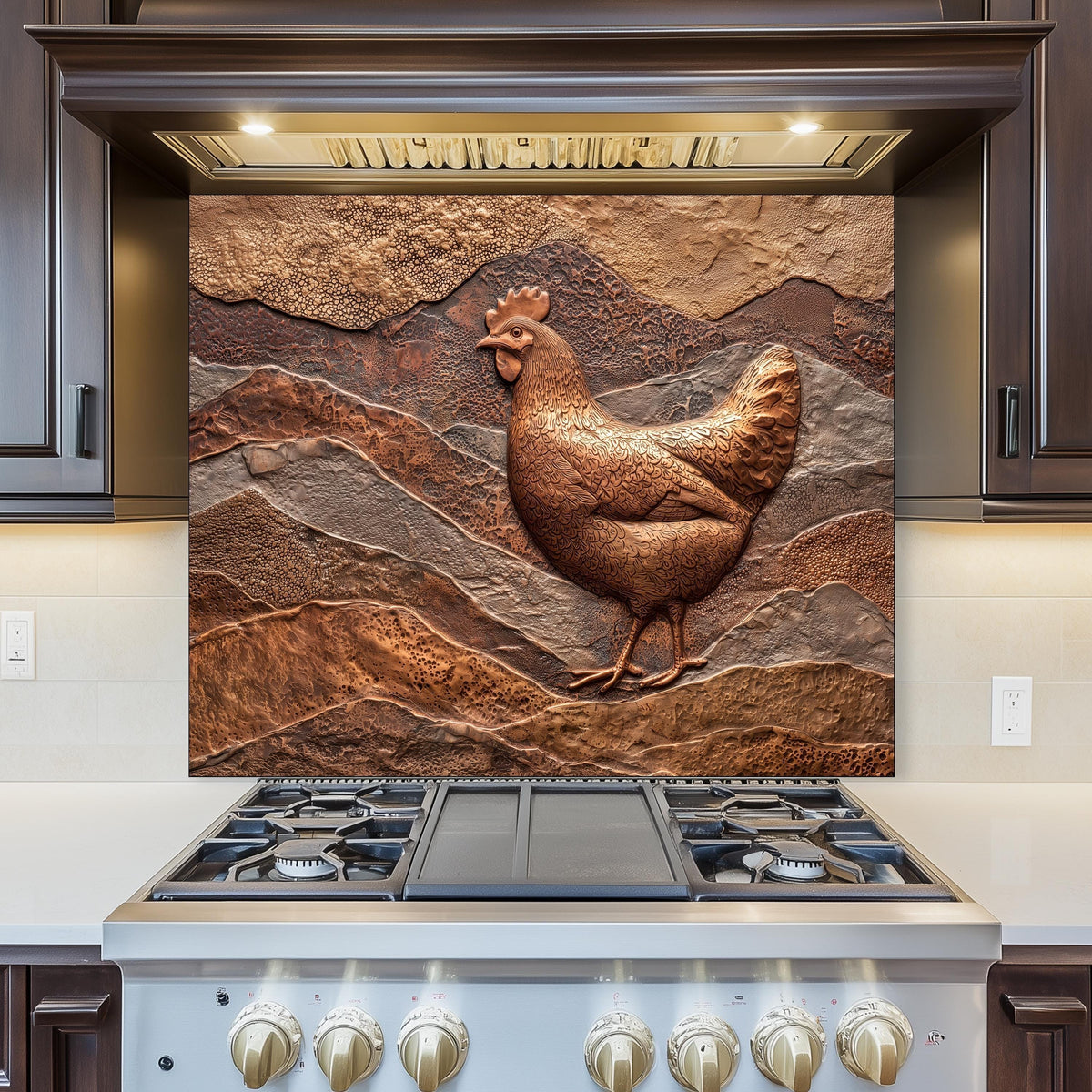 Rustic Chicken Backsplash: Embossed Hen, Tempered Glass Farmhouse Decor