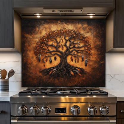 Tree of life tempered glass backsplash, feather design, heat-resistant wall panel, easy clean kitchen wall protector, artistic backsplash, stove wall art, boho kitchen decor, modern kitchen accent