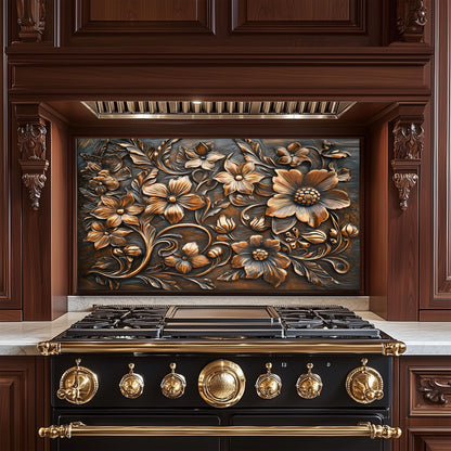 Ornate Floral Tempered Glass Backsplash: Rustic Kitchen Decor