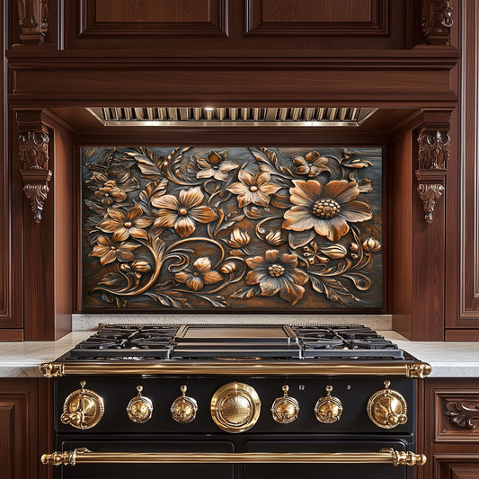 Ornate Floral Tempered Glass Backsplash: Rustic Kitchen Decor