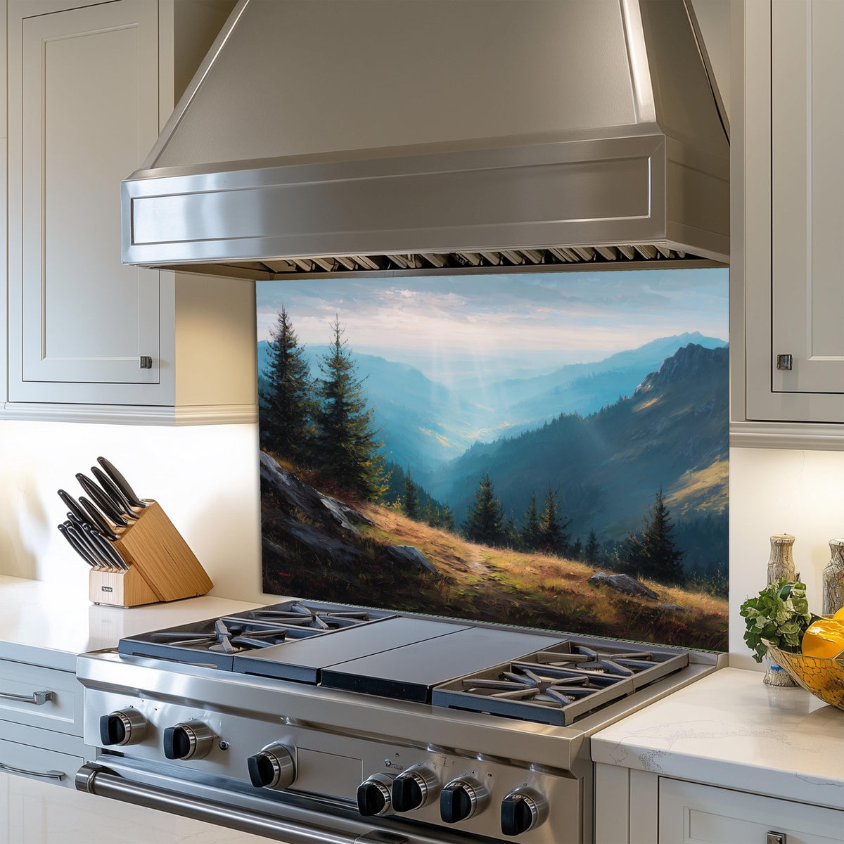 Misty Mountain Tempered Glass Backsplash: Heat-Resistant Stove Panel