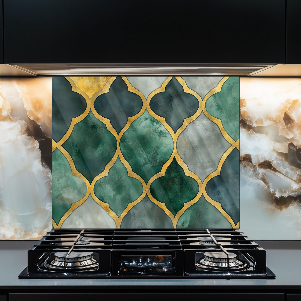 Moroccan Style Glass Backsplash, Blue Geometric Stove Guard, Heat Resistant Easy Clean Kitchen Art