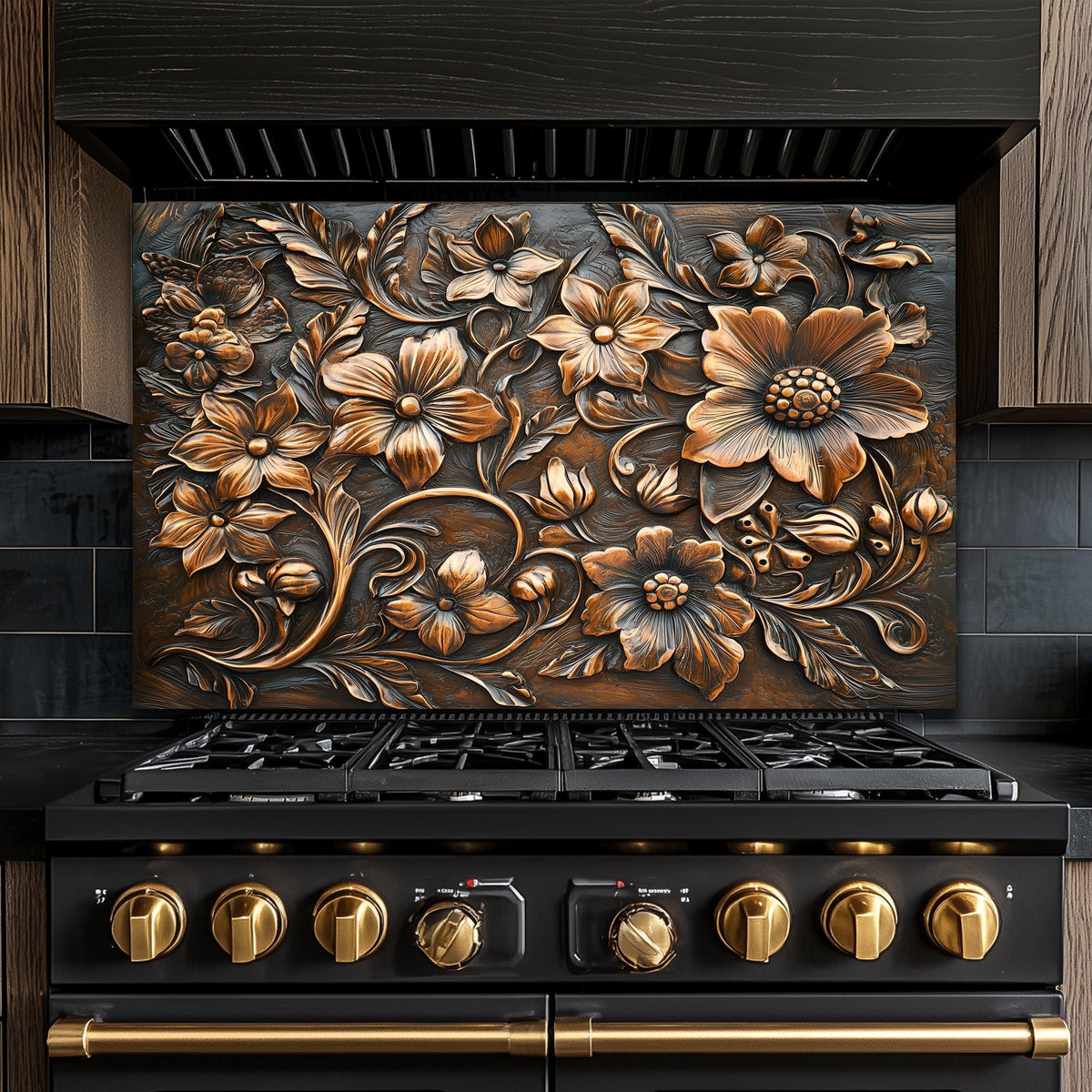 Ornate Floral Tempered Glass Backsplash: Rustic Kitchen Decor