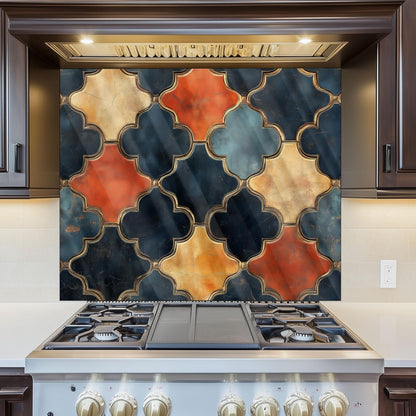 Moroccan Navy & Gold Backsplash, Heat Resistant Stove Guard, Custom Size Glass Art