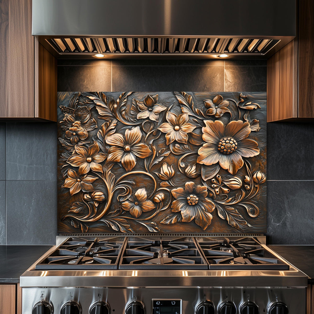 Ornate Floral Tempered Glass Backsplash: Rustic Kitchen Decor