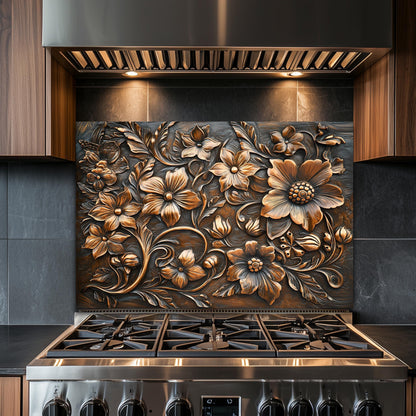 Ornate Floral Tempered Glass Backsplash: Rustic Kitchen Decor