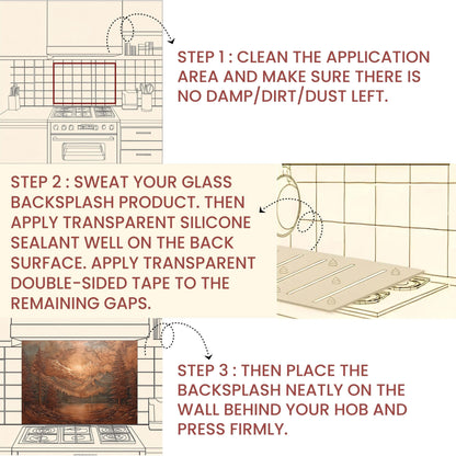 Tempered Glass Mountain Lake Backsplash: Copper-Look Rustic Kitchen Decor