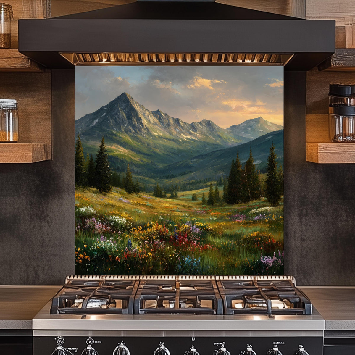 Mountain Meadow Kitchen Backsplash, Wildflower Landscape Tempered Glass, Custom Size Design