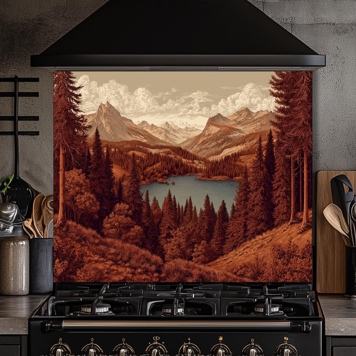 Tempered Glass Mountain Lake Backsplash: Rustic Cabin Kitchen Decor
