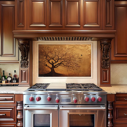 Copper Look Tree Kitchen Backsplash, UV Printed Tempered Glass Art, Custom Size Design