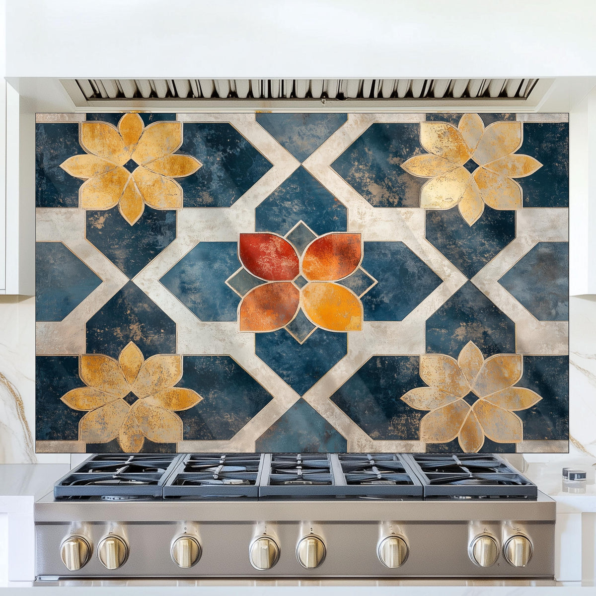 Moroccan Style Glass Backsplash, Geometric Tile Stove Guard, Heat Resistant Easy Clean Kitchen Art