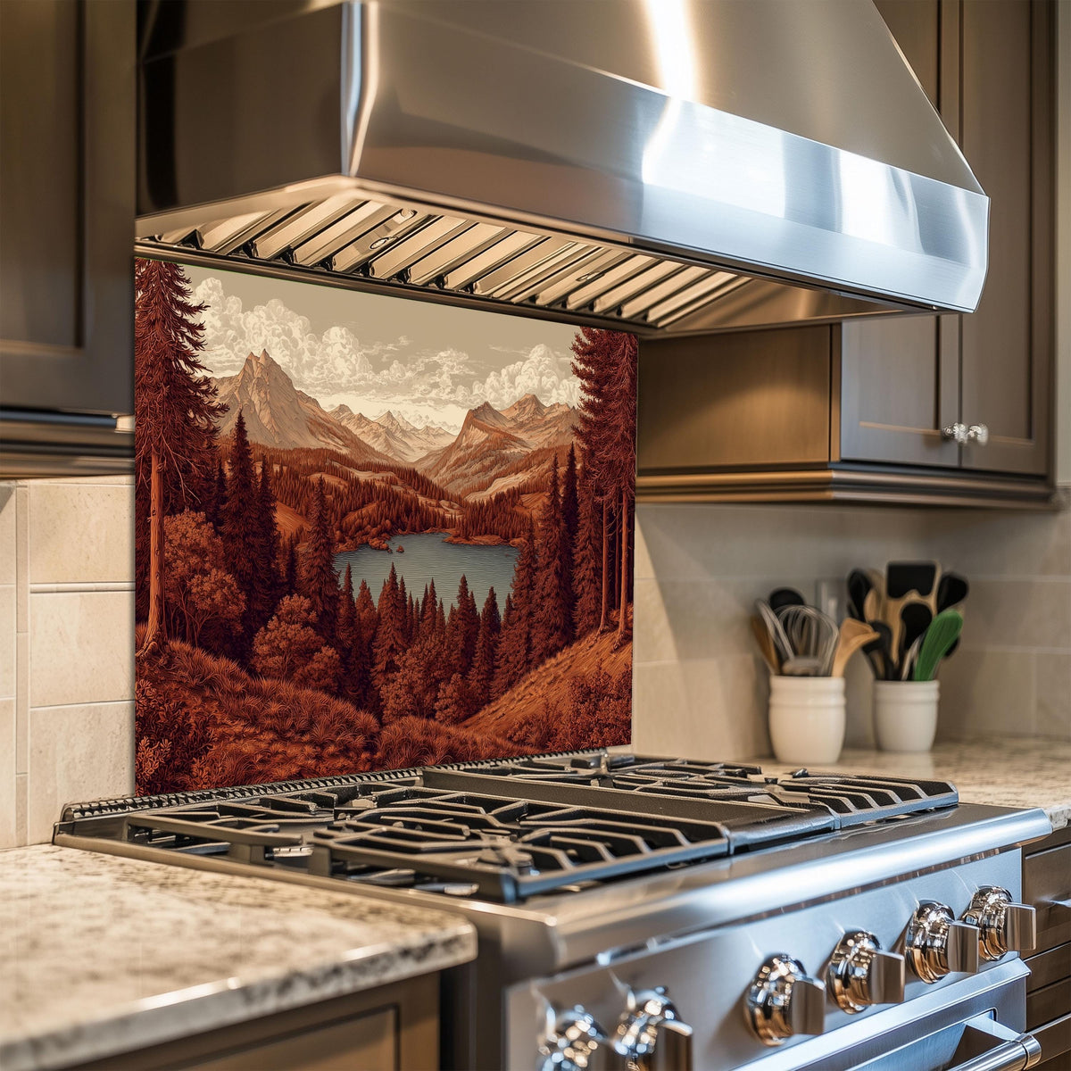 Tempered Glass Mountain Lake Backsplash: Rustic Cabin Kitchen Decor
