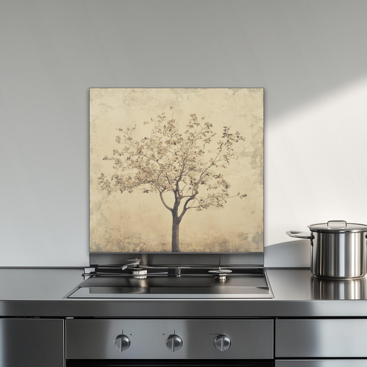 Tree of life glass backsplash, minimalist design, heat-resistant tempered glass, kitchen wall protector, artistic backsplash, easy to clean, modern kitchen decor, stove splashback, elegant wall art