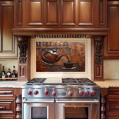 Copper teapot coffee scene glass backsplash, rustic design, heat-resistant tempered glass, kitchen wall protector, artistic backsplash, easy to clean, modern kitchen decor, stove splashback, unique coffee art