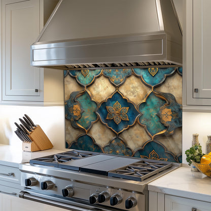 Moroccan Tempered Glass Kitchen Backsplash, Rustic Stove Protection, Custom Size Design