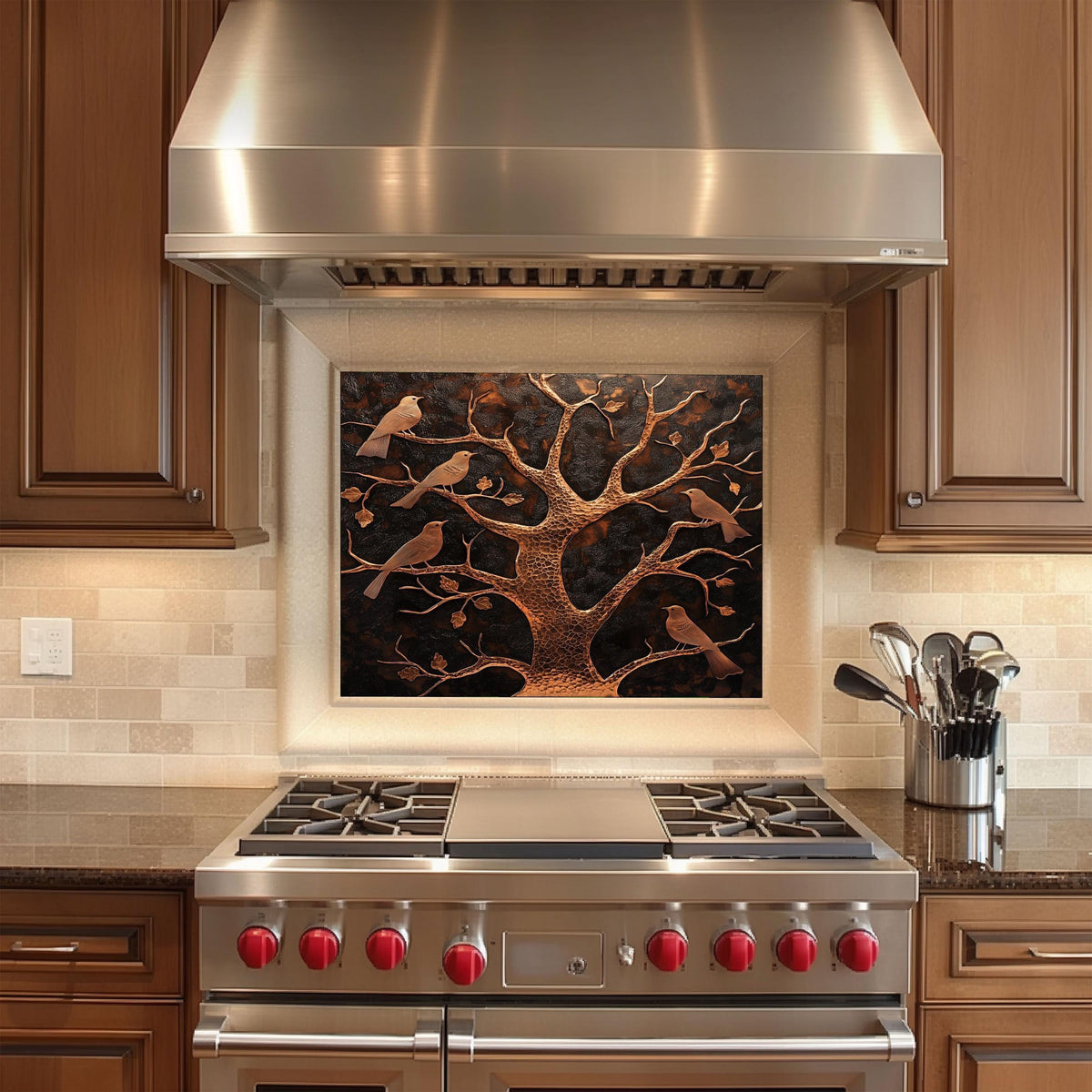 Rustic copper kitchen backsplash, tree and bird design, heat-resistant tempered glass, easy clean wall protector, nature-inspired kitchen art, stove backsplash, rustic kitchen decor