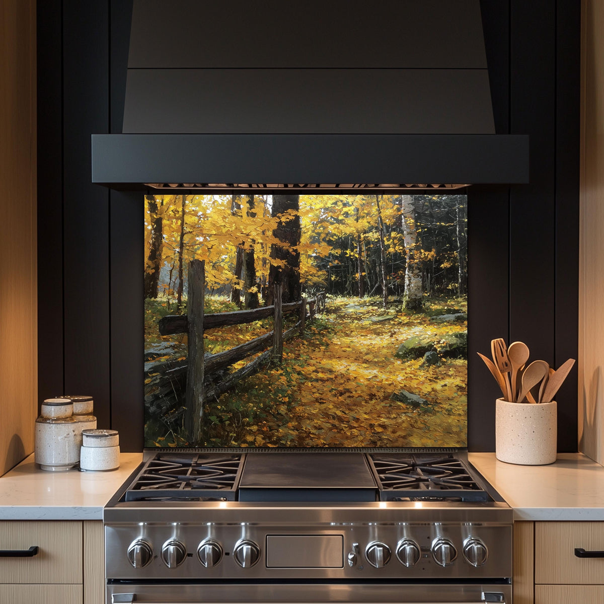 Autumn Forest Path Tempered Glass Kitchen Backsplash - Rustic Fence