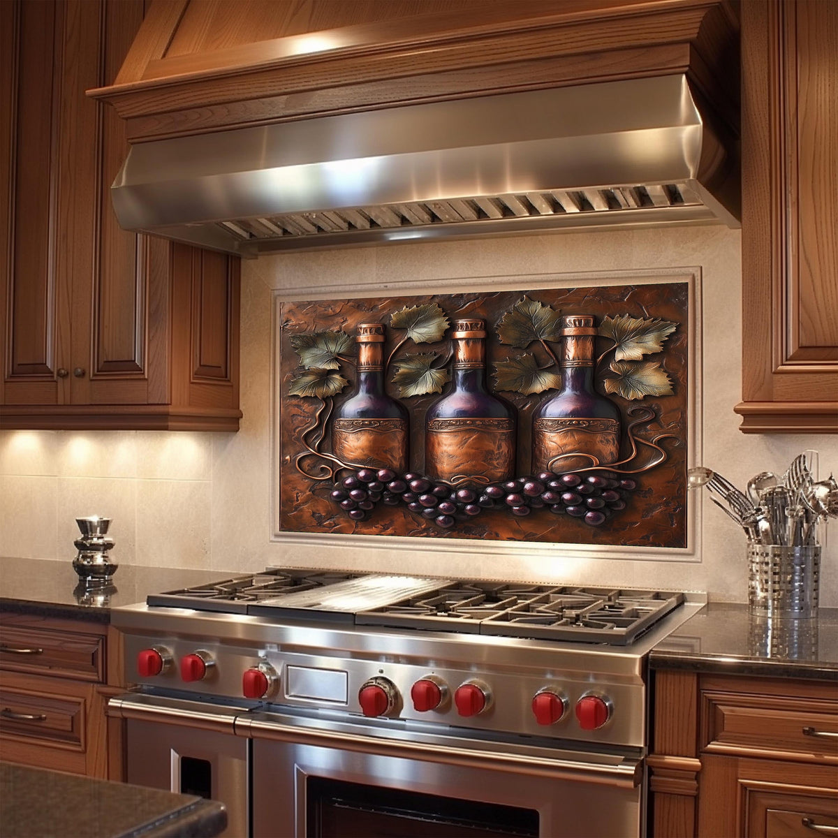 Rustic kitchen backsplash with wine bottle design, crafted from tempered glass with heat-resistant properties. This vineyard-themed wall art is easy to clean, featuring grape clusters and detailed vine leaves,