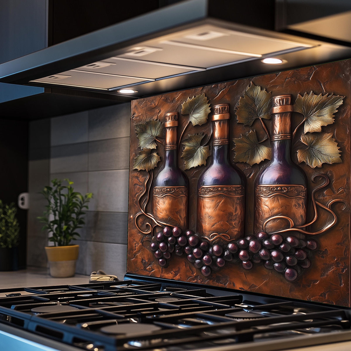 Farmhouse-style tempered glass backsplash with vineyard theme, featuring wine bottles surrounded by grape clusters and leaves. Heat-resistant and easy to clean, this rustic kitchen wall protector brings an elegant