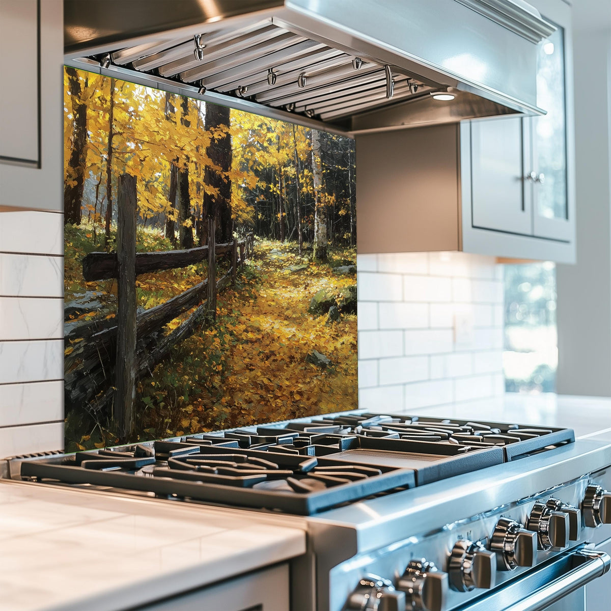Autumn Forest Path Tempered Glass Kitchen Backsplash - Rustic Fence