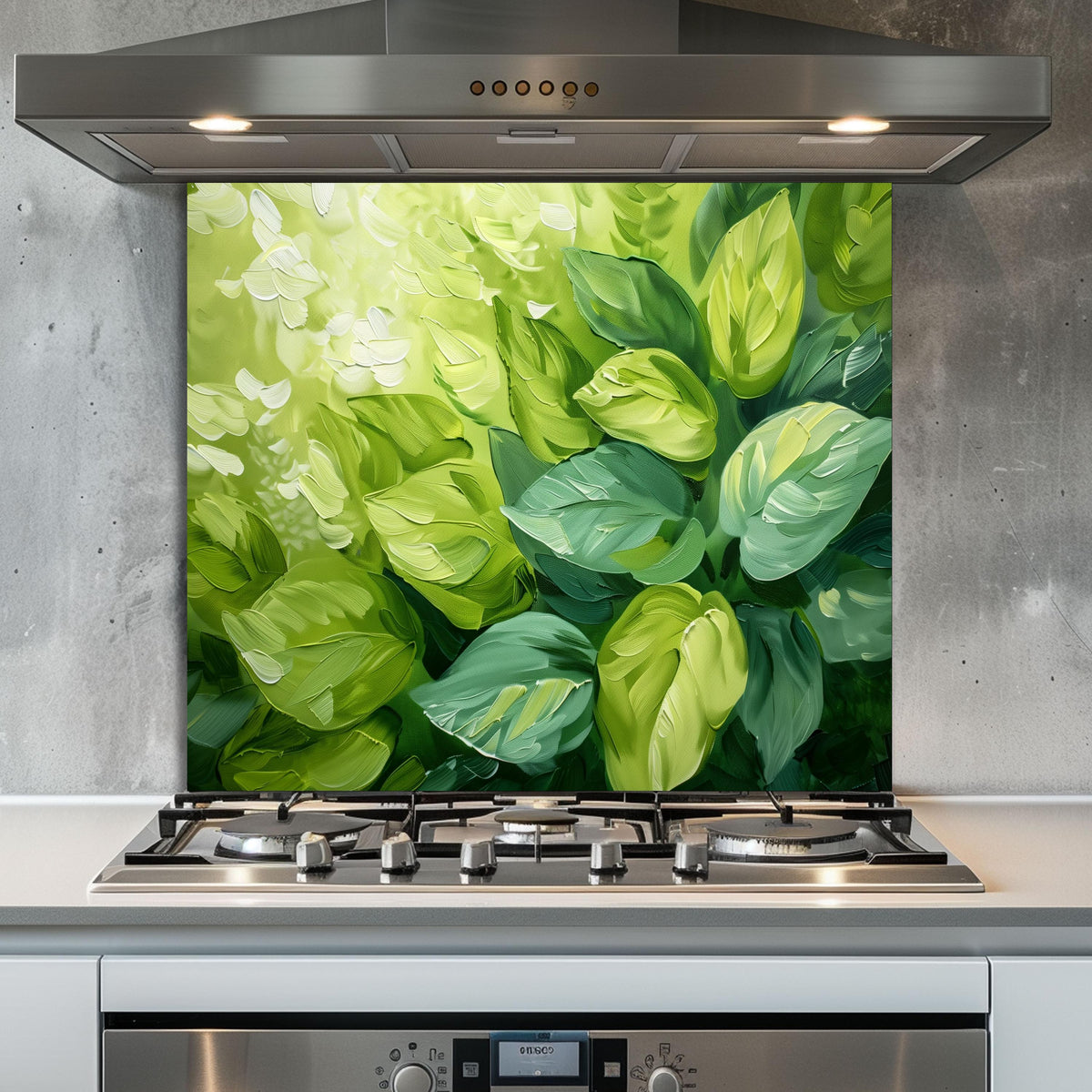 Green Leaf Glass Backsplash, Botanical Nature Stove Guard, Custom Size Kitchen Art