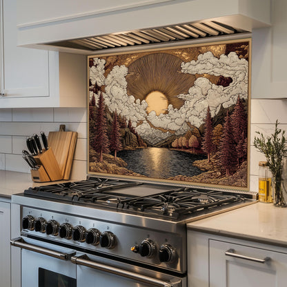 Tempered Glass Kitchen Backsplash: Mountain Sunrise Landscape, Heat-Resistant