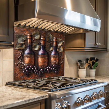 Elegant vineyard-inspired backsplash with wine bottle and grapevine design, crafted from durable tempered glass. This heat-resistant wall protector adds a touch of rustic sophistication, perfect for farmhouse kitchens