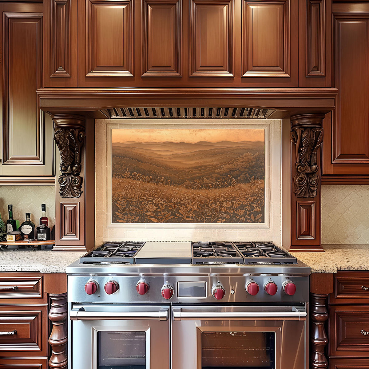Tempered glass kitchen backsplash, copper effect landscape, heat-resistant wall protector, rustic wildflower art, easy clean stove backsplash, kitchen wall protector, nature kitchen decor