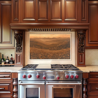 Tempered glass kitchen backsplash, copper effect landscape, heat-resistant wall protector, rustic wildflower art, easy clean stove backsplash, kitchen wall protector, nature kitchen decor
