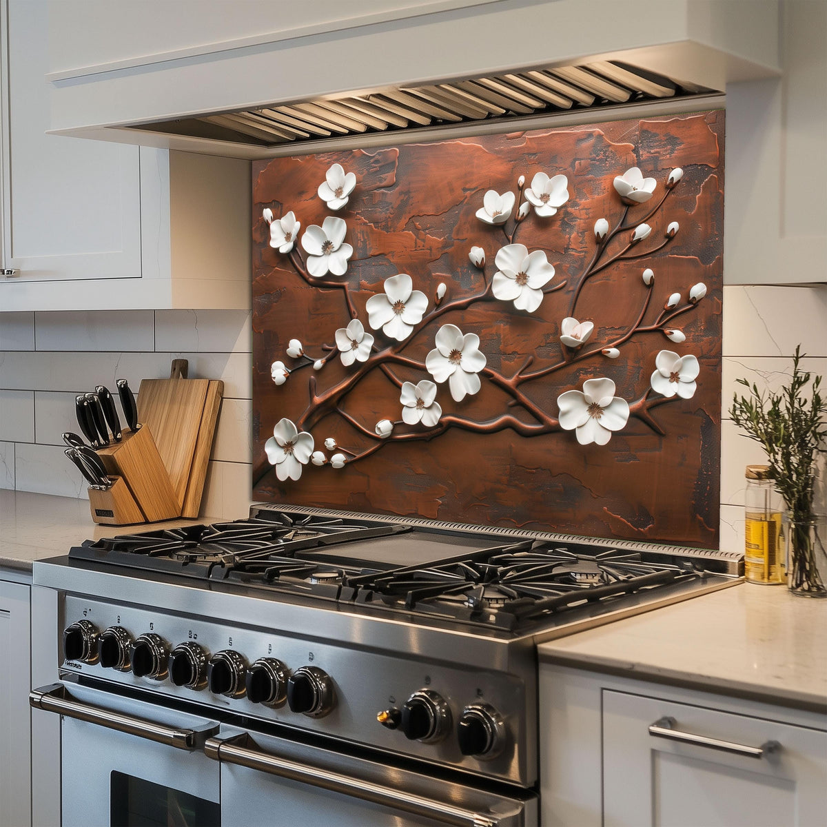Tempered Glass Kitchen Backsplash: Copper Cherry Blossom Design