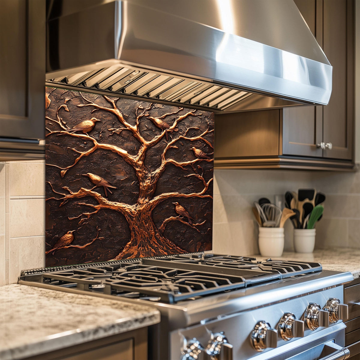 Tempered glass backsplash, copper tree and birds design, heat-resistant wall protector, rustic kitchen wall protector, easy clean stove backsplash, nature-inspired wall art, kitchen wall protector