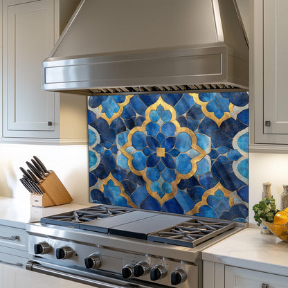 Moroccan Style Glass Backsplash, Blue Geometric Stove Guard, Heat Resistant Easy Clean Kitchen Art