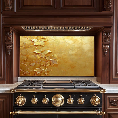 Golden Floral Tempered Glass Backsplash: Rustic Kitchen Decor