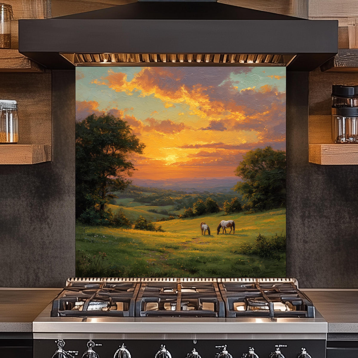 Sunset Pasture Kitchen Backsplash, Horse Landscape Tempered Glass Art, Custom Size Design