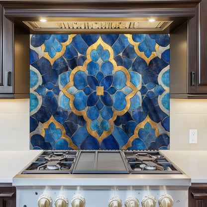 Moroccan Style Glass Backsplash, Blue Geometric Stove Guard, Heat Resistant Easy Clean Kitchen Art