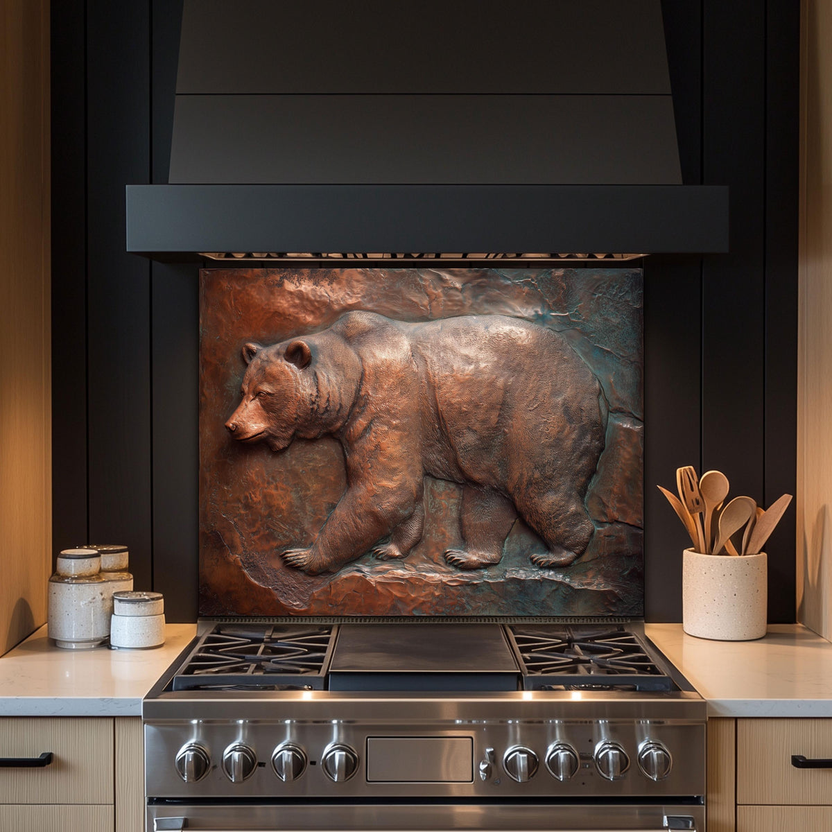 Rustic Copper Bear Backsplash: Tempered Glass Lodge Kitchen Decor