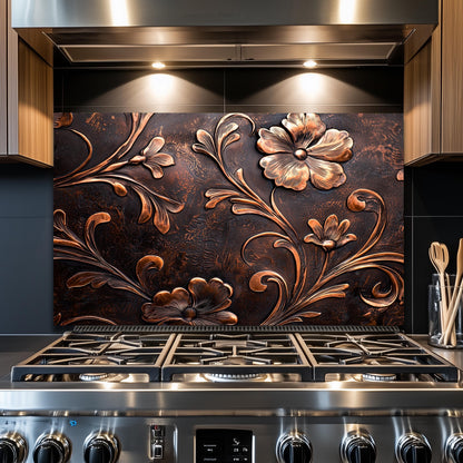 Embossed Copper Floral Glass Backsplash: Rustic Kitchen Decor