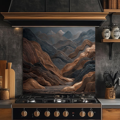 Tempered Glass Mountain Backsplash: Copper & Charcoal Abstract Art
